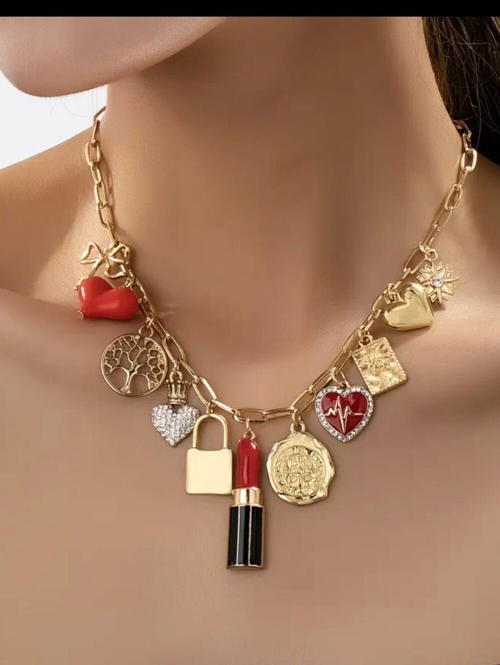 Gold Heart Lipstick Lock Charm Necklace
